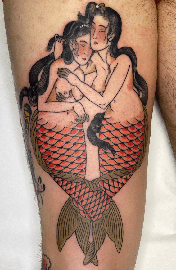neo japanese sirens tattoo, tatuaje de sirenas neo japonés