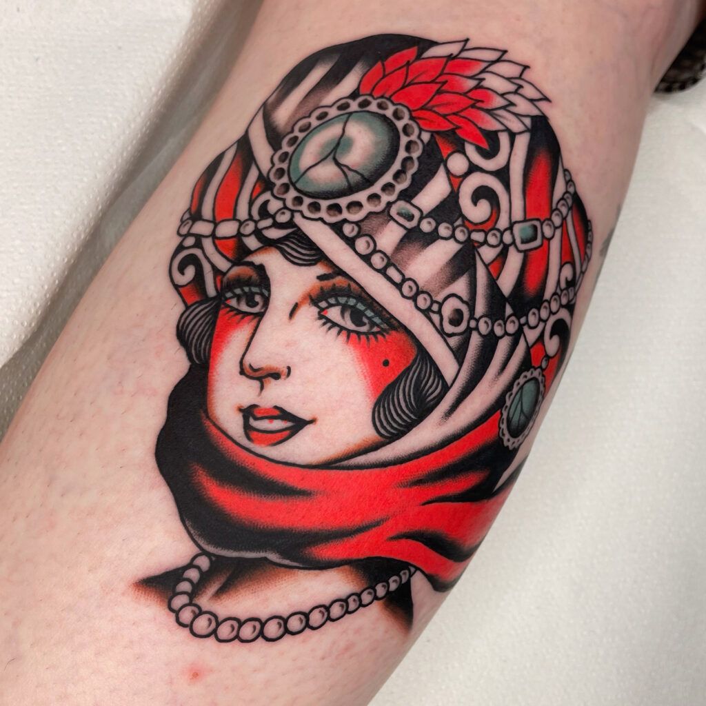 Barcelona woman's face Old school tattoo, tatuaje tradi de cara de mujer