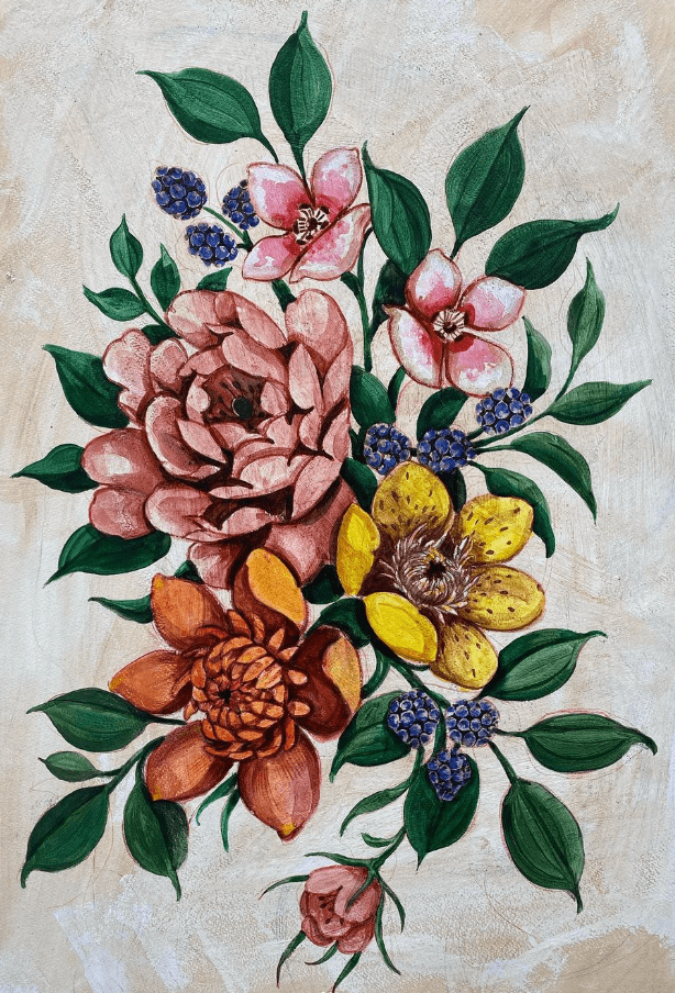 flower bouquet, ramo de flores, tempera